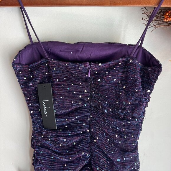 Lulus Flirty Vibes Sparkly Ruched Bodycon Mini Dress Medium in Purple - Picture 5 of 10